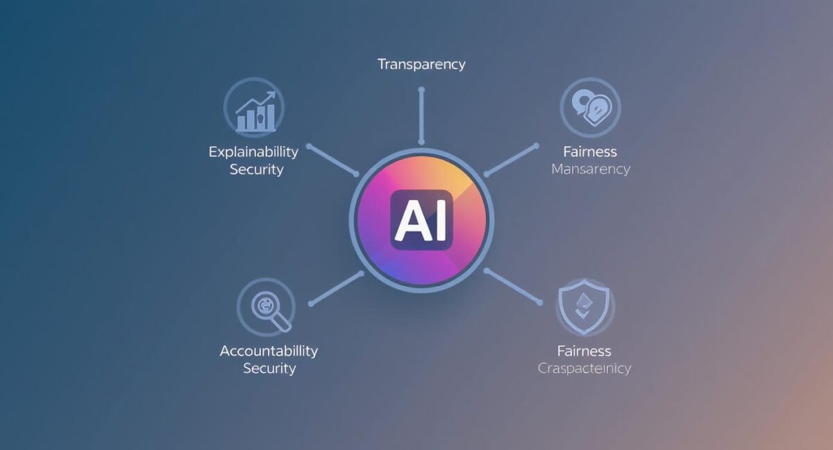 Safe & ethical ai: 7 things you must know today 1 A central trustworthy ai icon branching out to its five pillars: transparency, fairness, robustness, privacy, and accountability.