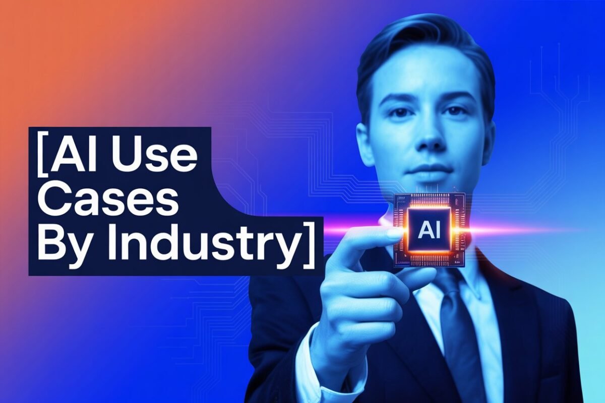 Businessman holding AI chip with glowing light, futuristic tech background, title: AI Use Cases by Industry.