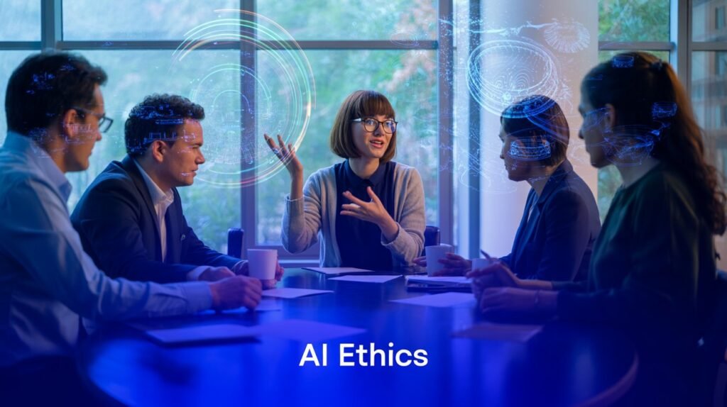Safe & ethical ai: 7 things you must know today 2 Diverse business team discussing ethical ai strategies in a modern office with futuristic holographic visuals.