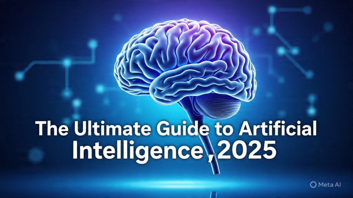 futuristic_digital_brain_with_glowing_neural_network with a text "Artificial Intelligence"