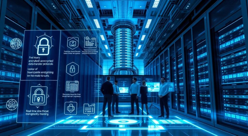 A high-tech server room, with sleek Datalevo data racks and state-of-the-art security systems. The scene is bathed in a cool, blue-hued lighting, creating a sense of technological sophistication. In the foreground, a holographic display showcases various security measures, including biometric scanners, encrypted data transfer protocols, and real-time threat monitoring dashboards. The middle ground features a team of cybersecurity experts vigilantly monitoring the systems, their faces illuminated by the glow of multiple screens. In the background, a towering, futuristic data center stretches out, its architectural design reflecting the company's commitment to cutting-edge technology and data protection.