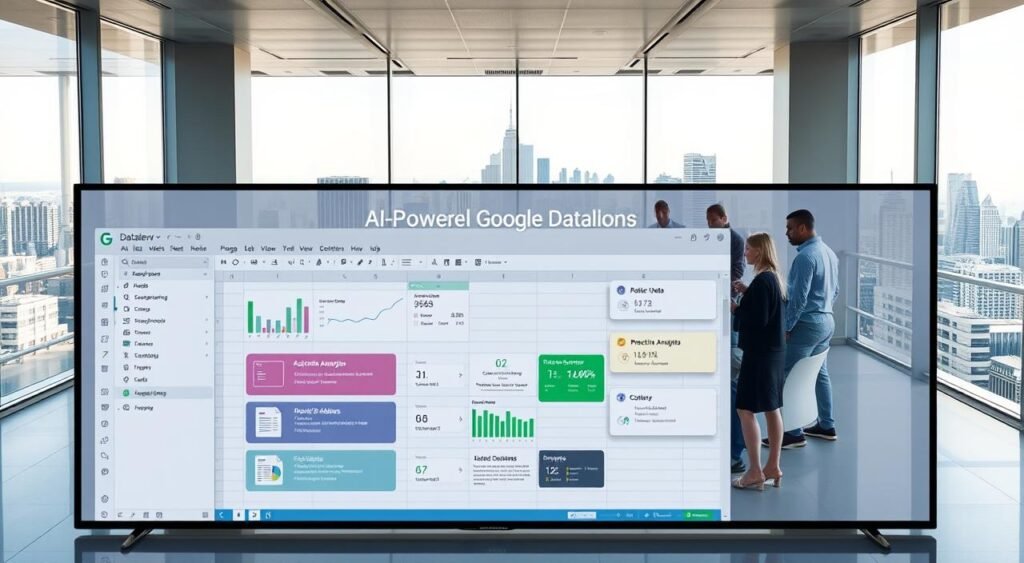 A sleek, modern office interior with an expansive workspace. In the foreground, a large, high-resolution display showcases a Google Sheets spreadsheet with a variety of Datalevo AI-powered add-ons. The add-ons include data visualization tools, predictive analytics features, and automated data processing capabilities. The middle ground features a team of professionals collaborating around the workspace, discussing the Datalevo tools and their impact on their workflow. The background showcases a panoramic city skyline, conveying a sense of innovation and technological advancement. The lighting is bright and natural, creating a warm, productive atmosphere. The overall scene highlights the seamless integration of Datalevo's AI-driven solutions within the familiar Google Sheets environment.