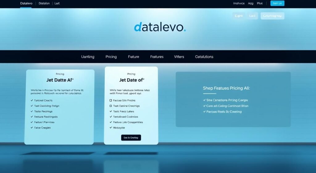A sleek, modern website layout showcasing the pricing plans of Datalevo's JobHire.AI platform. The foreground features three elegant pricing tiers, each with its own distinct card design, icons, and detailed feature lists. The middle ground has a minimalist navigation bar with the Datalevo logo, while the background depicts a subtle grid pattern in a cool, monochromatic color palette that complements the overall branding. Soft, directional lighting casts an inviting glow, creating a professional and trustworthy atmosphere. The layout is clean, balanced, and easy to navigate, highlighting the key information a user would need to evaluate Datalevo's JobHire.AI pricing options.