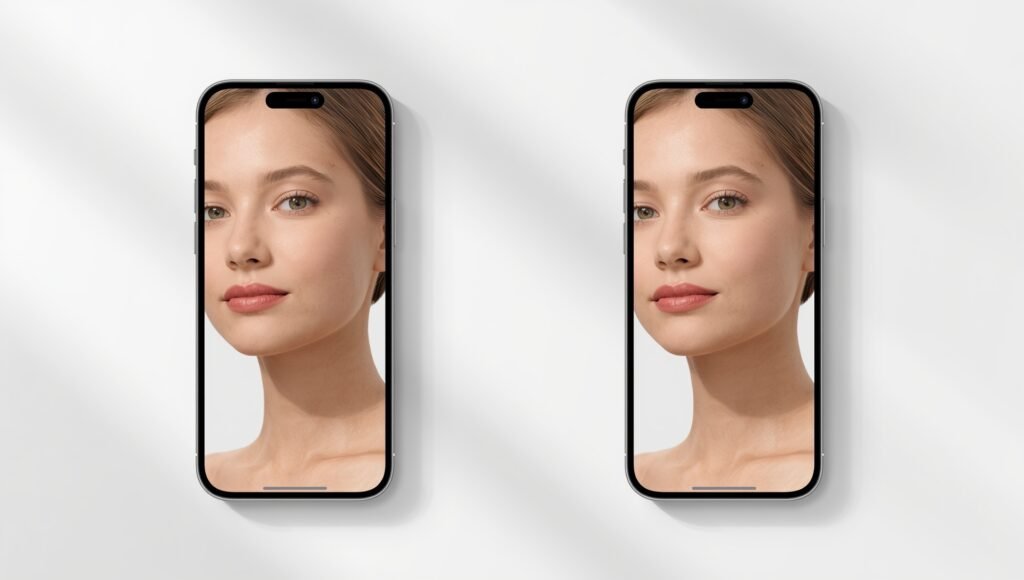 A modern, minimalistic illustration of a smartphone showing a before-and-after AI skin retouching photo. The left side shows an unedited portrait, the right side shows smooth, natural skin enhanced by AI. Clean white background, soft shadows, professional blog-friendly design, no text, no watermarks, realistic but minimalistic aesthetic.