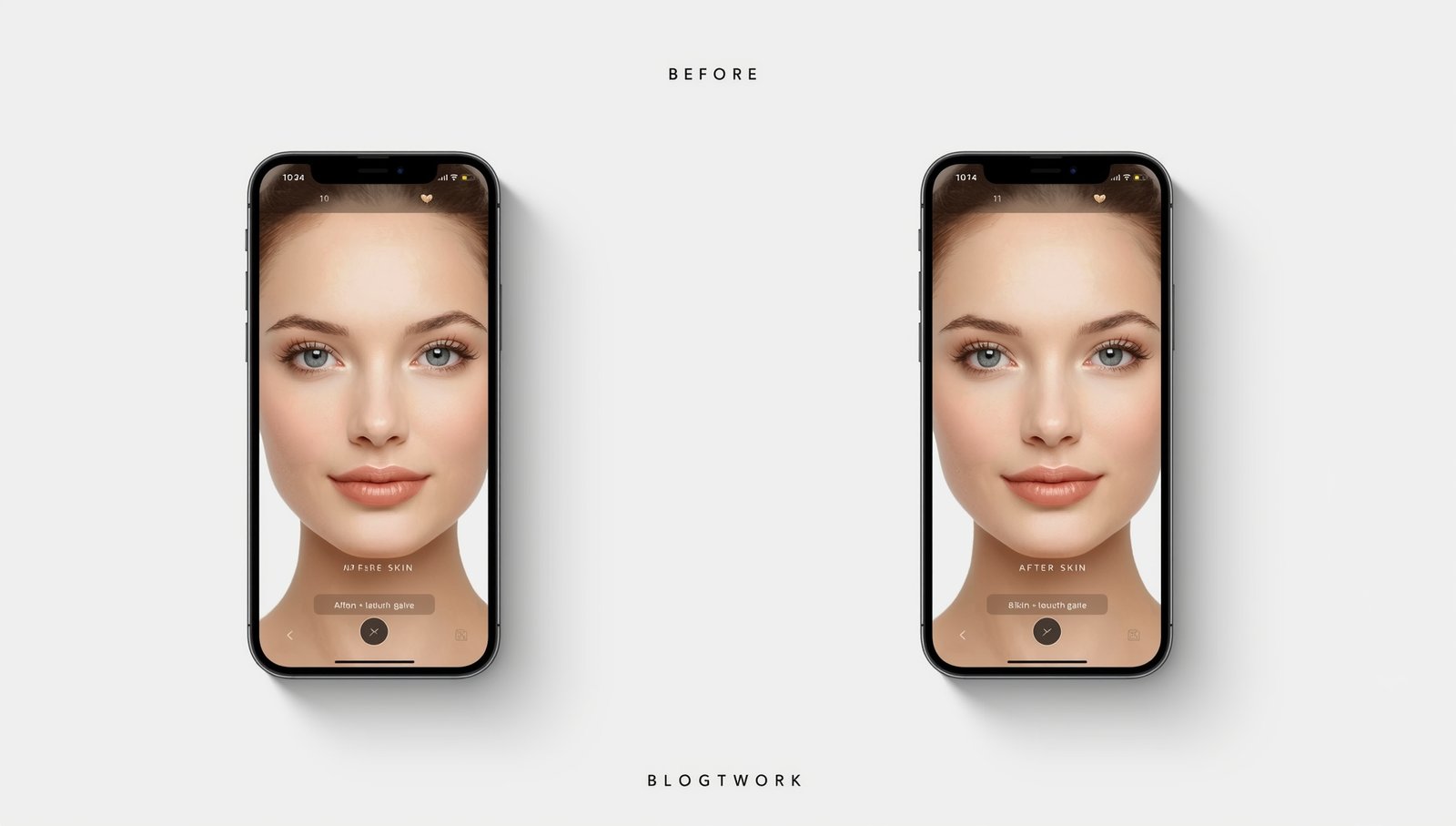 A modern, minimalistic illustration of a smartphone showing a before-and-after AI skin picture naturalizer free. The left side shows an unedited portrait, the right side shows smooth, natural skin enhanced by AI. Clean white background, soft shadows, professional blog-friendly design, no text, no watermarks, realistic but minimalistic aesthetic.