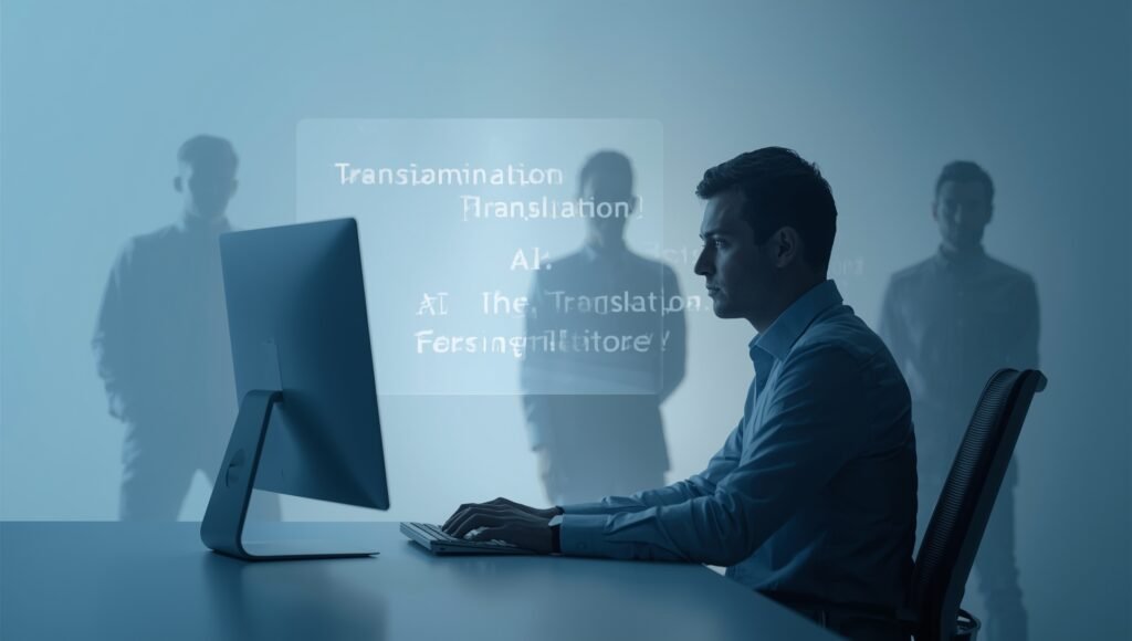 Illustration showing how cybercriminals exploit AI translation services for phishing and digital attacks.