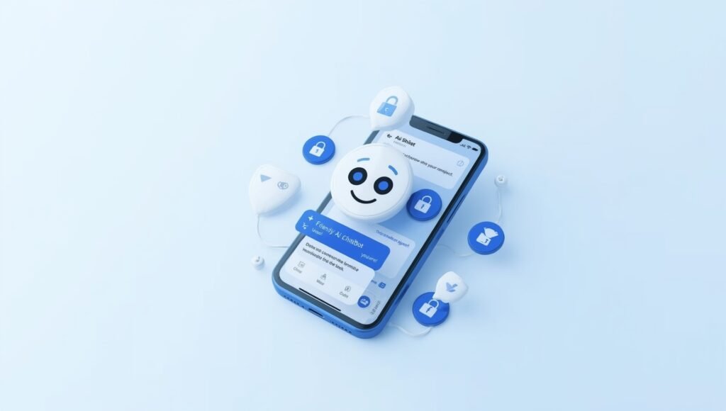 Is Janitor AI safe smartphone interface with security shield protection symbols and AI chatbot conversation