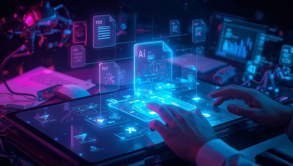 Inside adobe acrobat studio: how ai is redefining pdfs and productivity 1 Futuristic adobe acrobat studio interface showcasing ai-powered pdfs, team collaboration, and efficient workflow.