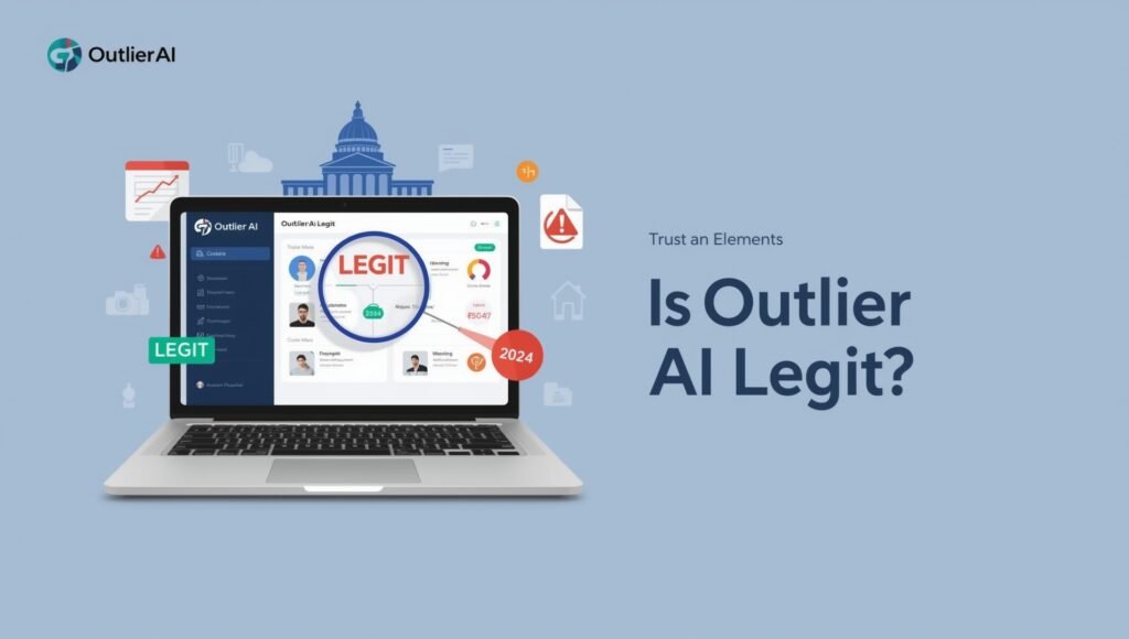 Professional investigation of Outlier AI legitimacy featuring laptop screen with verification symbols and analysis
