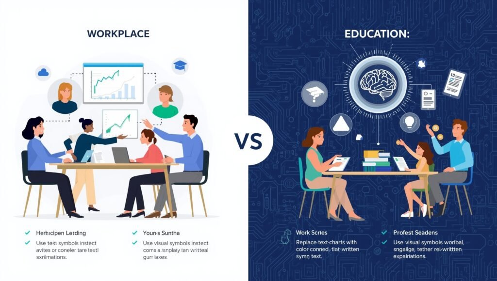 Pros and cons of AI in workplace and education visual comparison showing benefits versus challenges