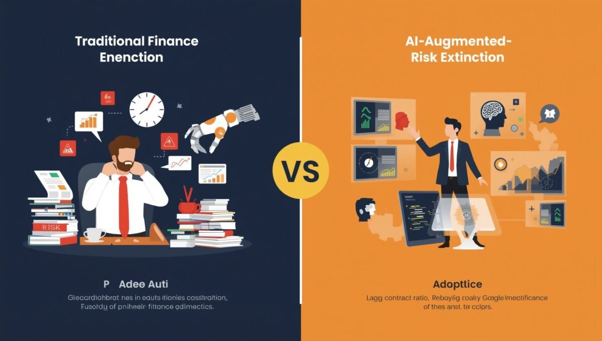 Are finance jobs at risk from AI infographic showing traditional versus automated future workplace comparison
