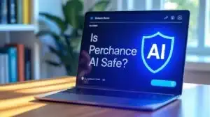 Realistic laptop with chatbot screen showing text is perchance ai safe and blue shield symbol for trust.