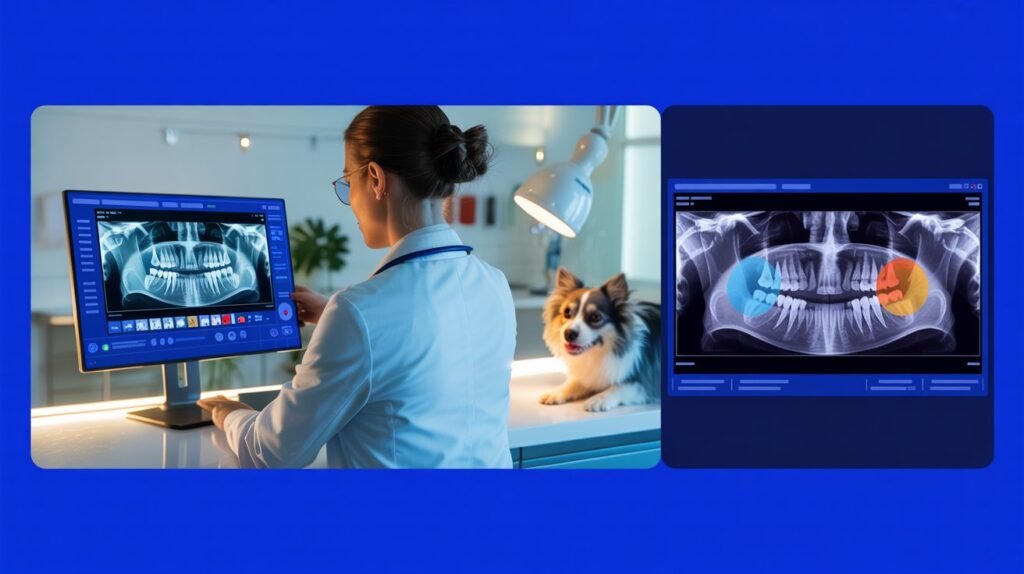 NeroVet AI dentistry platform showing veterinarian analyzing dental X-rays with AI diagnostic overlays in modern clinic