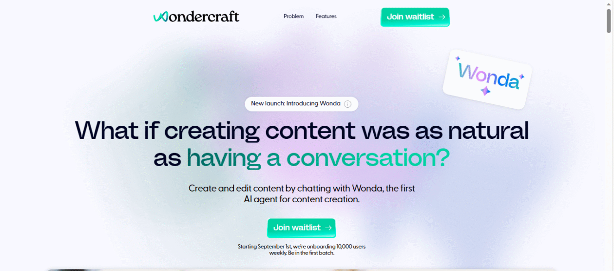 Wonda by Wondercraft.ai homepage showing AI content creation interface for natural and effortless content generation.