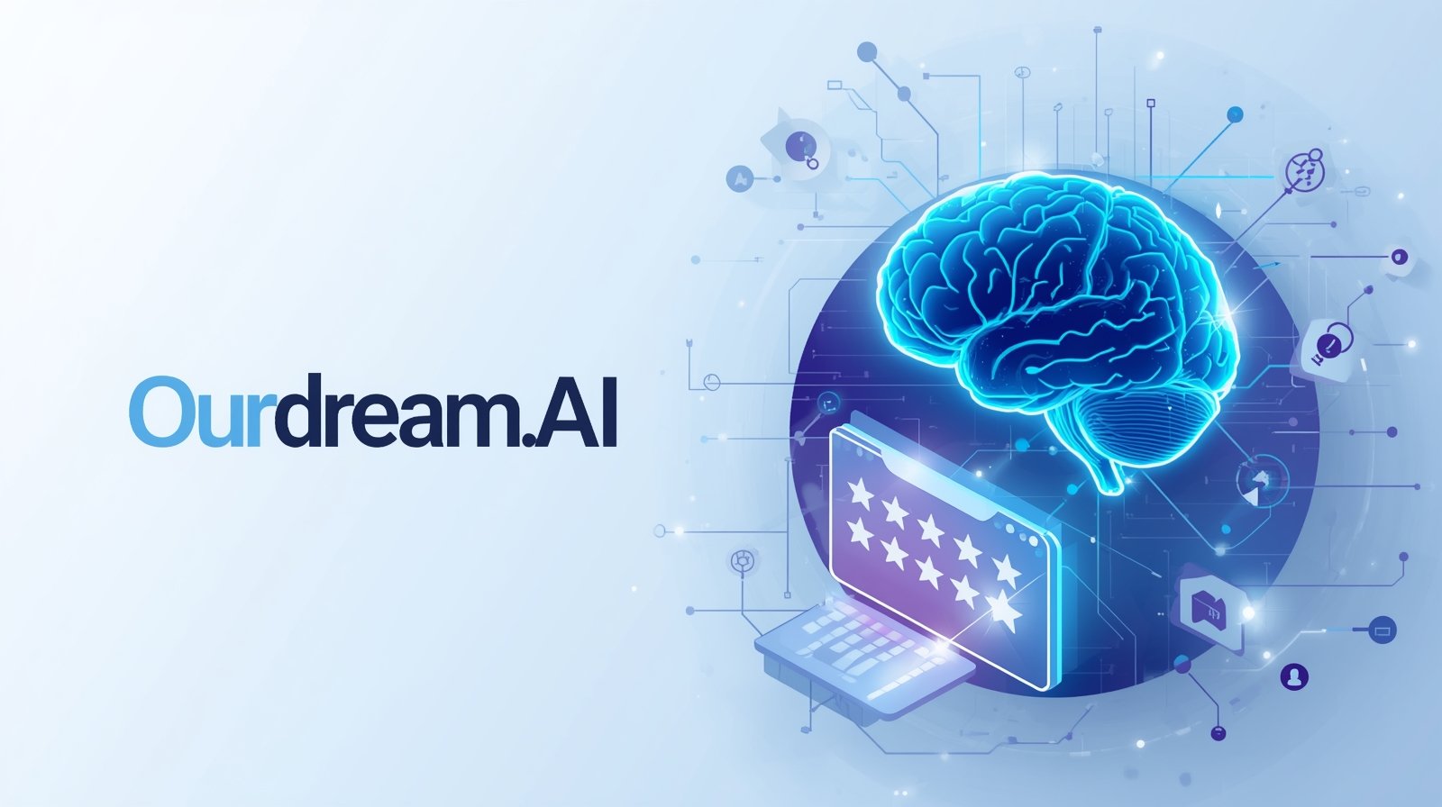 OUrDream.AI Review featured image: an illustration of a brain connected to a star rating screen.