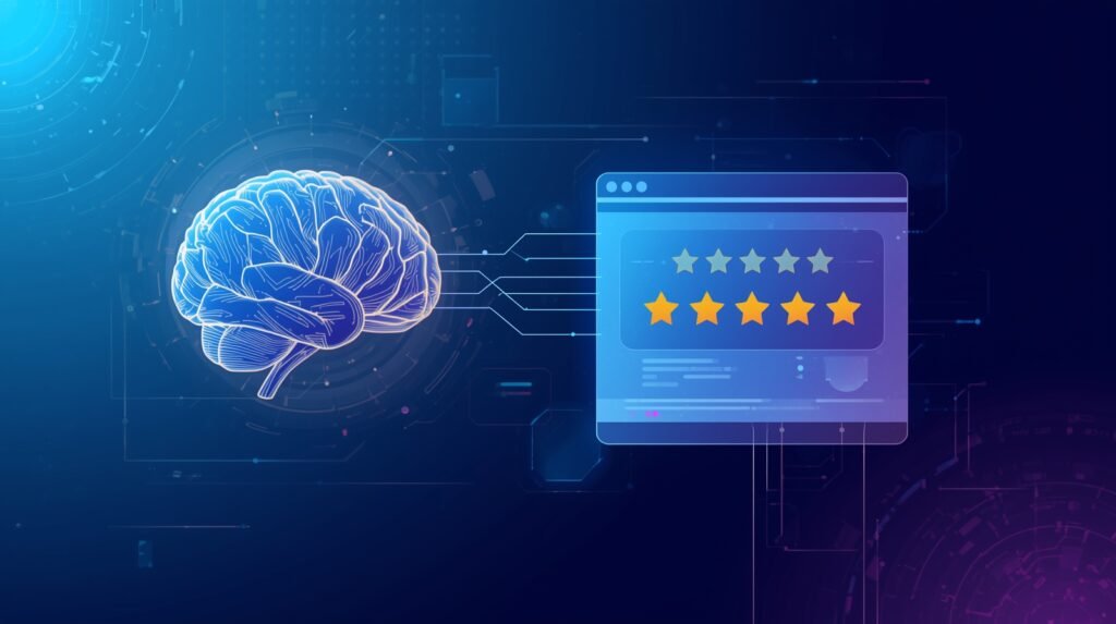 Ourdream. Ai review featured image: an illustration of a brain connected to a star rating screen.