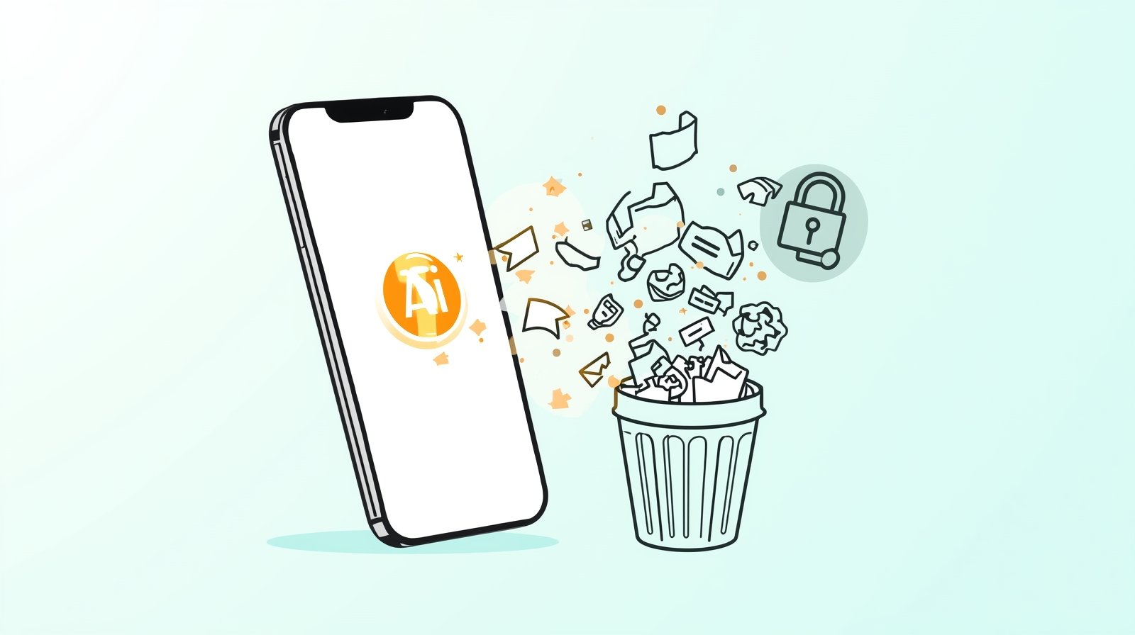 An illustration showing whether the AI Cleaner app is safe, with a phone being cleaned but with a hidden security risk.