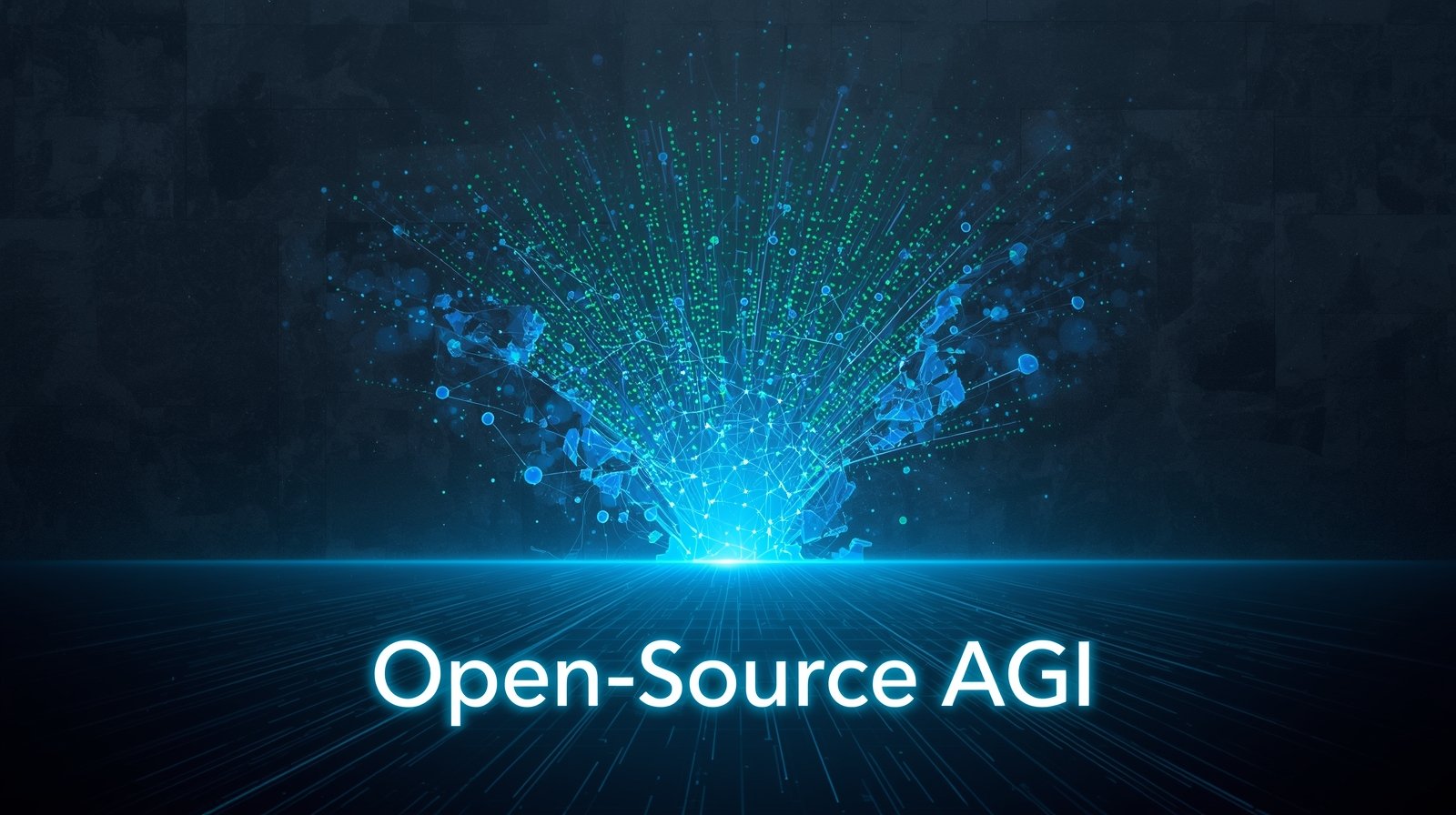 Discover open-source AGI networks shattering closed AI walls in this dynamic illustration of collaborative tech innovation.