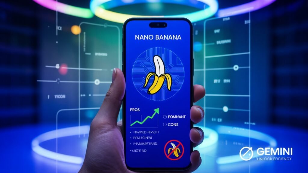 Gemini app nano banana feature review image with smartphone, graphs, pros, cons, and futuristic circuit design.