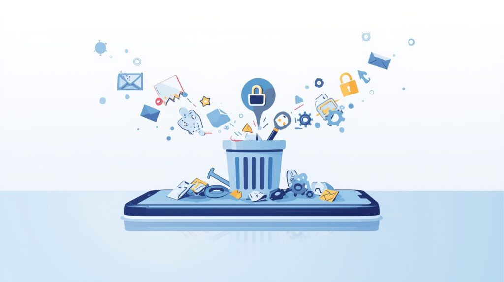 Illustration of a phone being cleaned by an app with a hidden security risk behind it