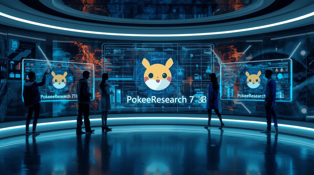Researchers unveiling PokeeResearch-7B AI model in modern tech lab with holographic screens and glowing data visuals.