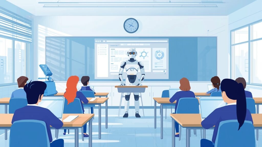 Modern classroom scene with human teacher and ai, depicting “will ai replace teachers? ” concept for tech-focused education blog readers.