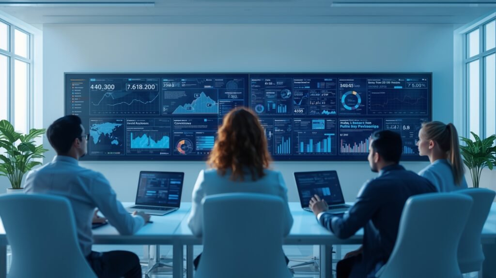 Today in ai news dashboard with tech professionals analyzing live ai trends, data insights, and automation metrics.