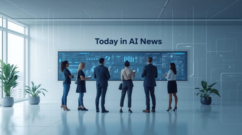Today in ai news dashboard with tech professionals analyzing live ai trends, data insights, and automation metrics.
