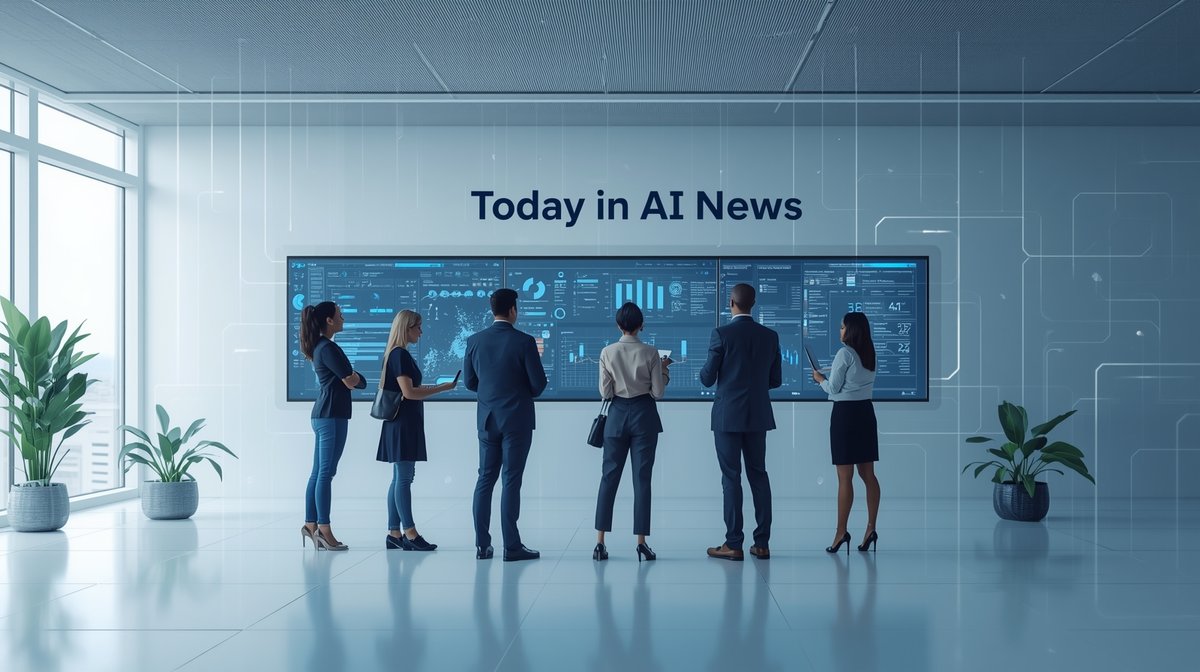 Today in AI News dashboard with tech professionals analyzing live AI trends, data insights, and automation metrics.