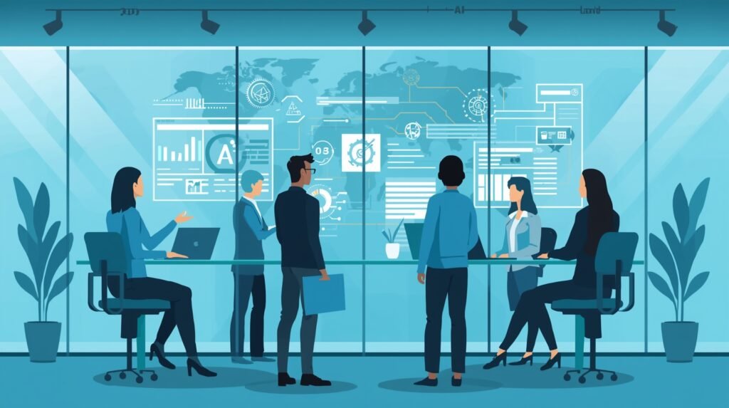 Ai governance best practices visual showing experts reviewing ai risk dashboards and compliance policies in modern office.