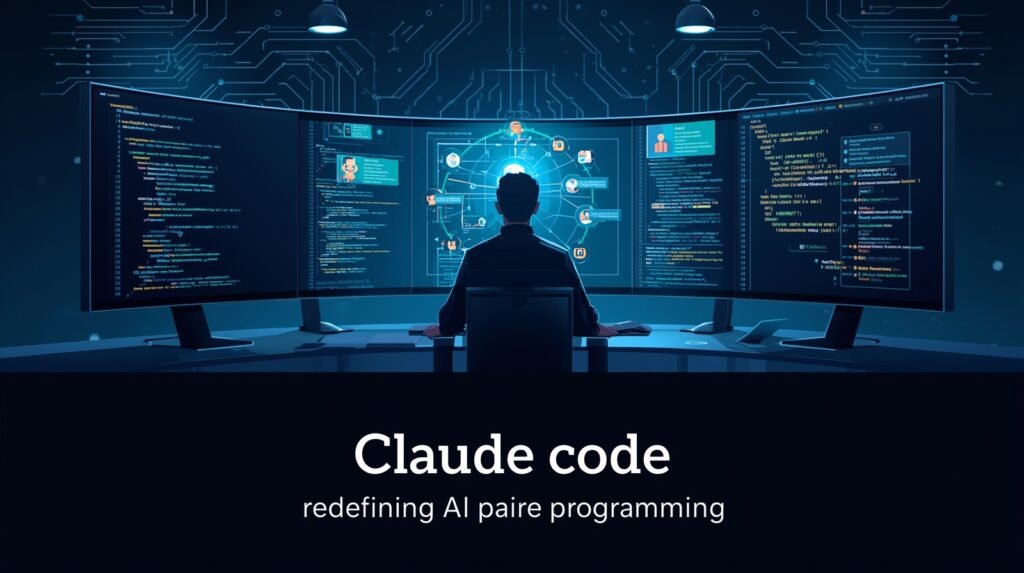 Claude code powering slack-to-repo ai pair programming in a sleek multi-monitor developer workspace illustration