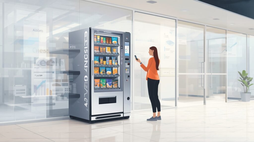 Professional illustration of ai vending machine in office lobby, customer using phone and data graphics visible.