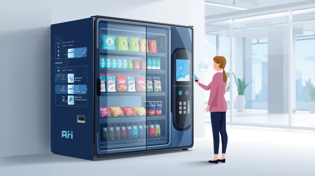 Professional illustration of ai vending machine in office lobby, customer using phone and data graphics visible.