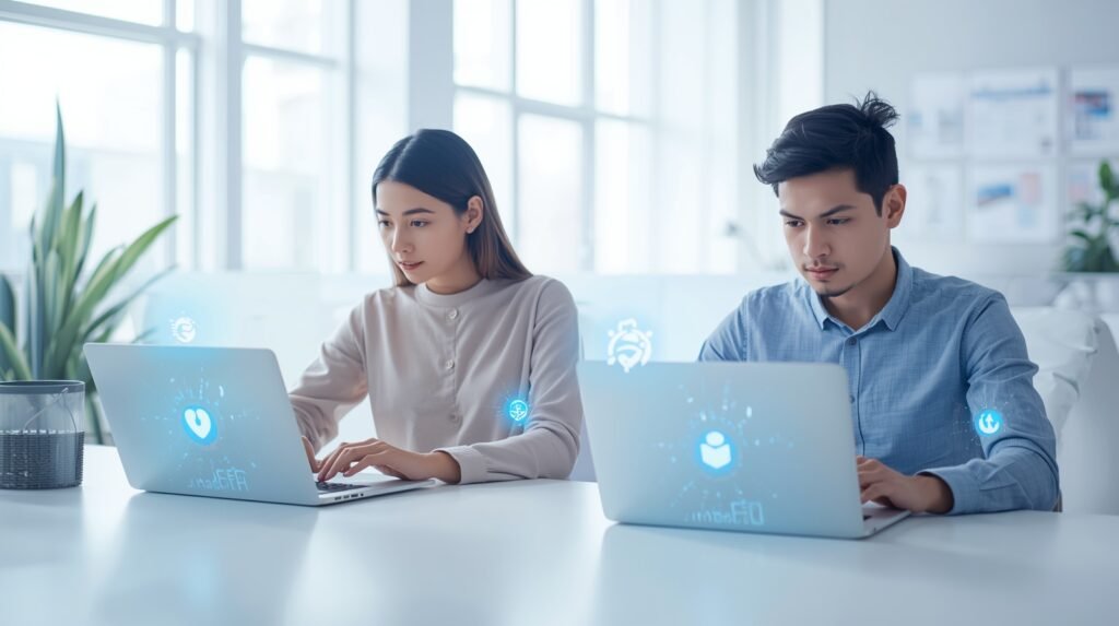 Young user accessing ai unblocked tools on laptop with secure vpn in modern workspace for productivity.