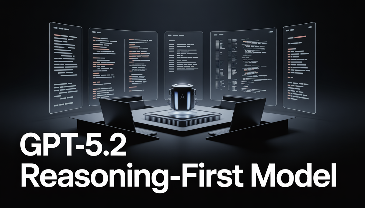 GPT-5.2 reasoning-first model connecting contracts, reports, and code in one sleek, long-context enterprise AI workspace illustration.