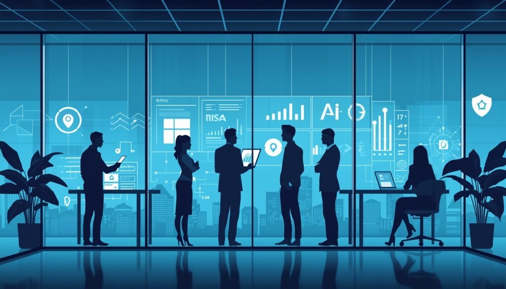 Ai governance best practices visual showing experts reviewing ai risk dashboards and compliance policies in modern office.