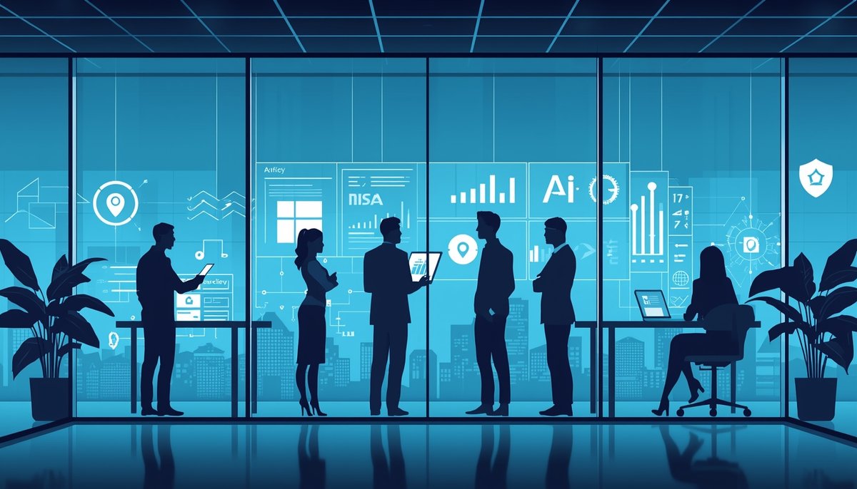 AI governance best practices visual showing experts reviewing AI risk dashboards and compliance policies in modern office.