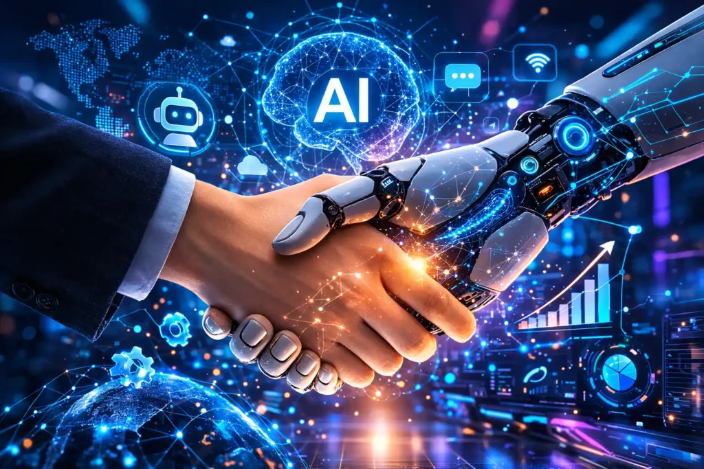 Is handshake ai legit? A full legitimacy, jobs, and fellowship review 1 Human and ai robotic hands shaking with glowing circuits, representing handshake ai collaboration, automation, and intelligent technology partnership.