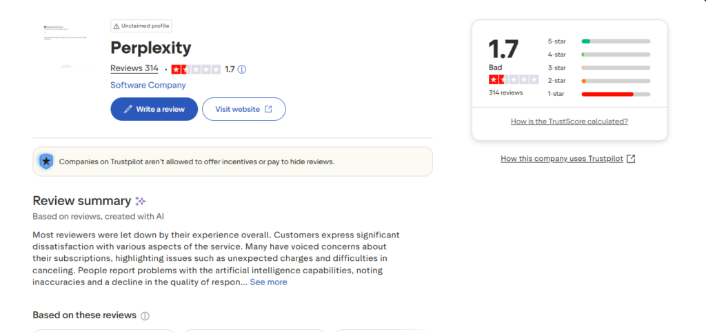 Perplexity ai safe? A practical safety review based on real use 2 Screenshot of trustpilot website showing reviews of perplexity ai