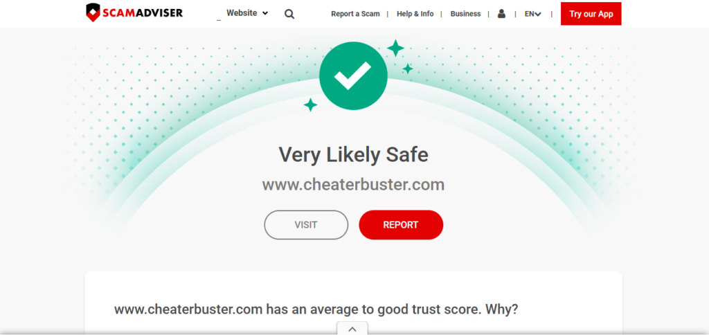 Scam adviser website showing "is cheater buster ai legit? "