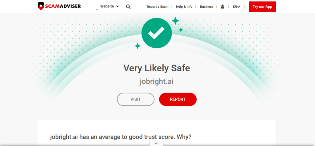 Is jobright. Ai legit? A safety, reviews, and trust analysis 2 Scam adviser website interferance showing " is jobright. Ai legit? "