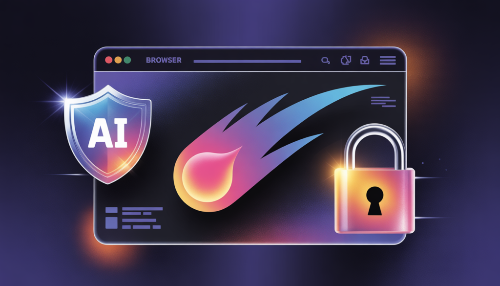 “comet ai browser safe review illustration with shield and secure padlock, highlighting online safety and security”