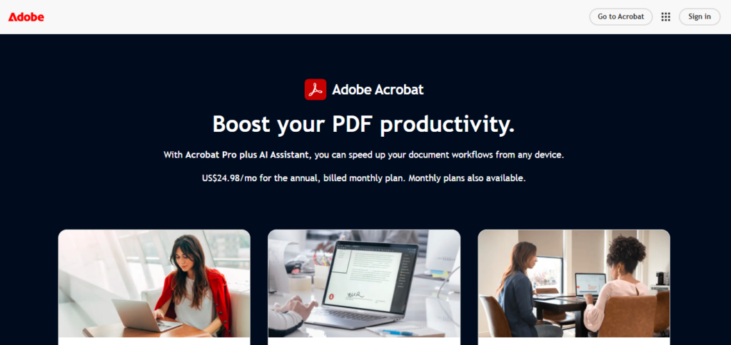 Adobe acrobat website sceenshot
