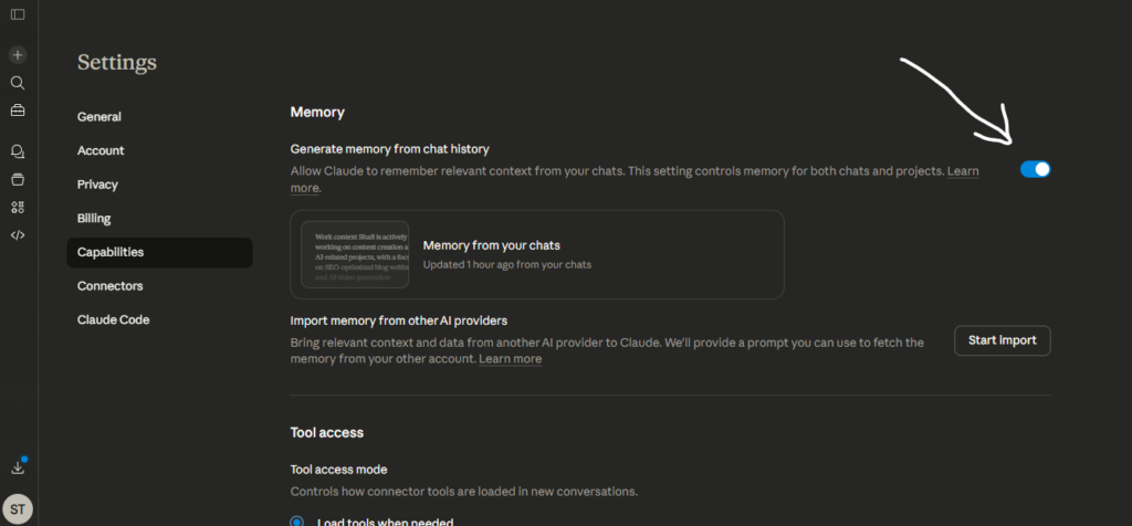Claude ai website showing memory section on