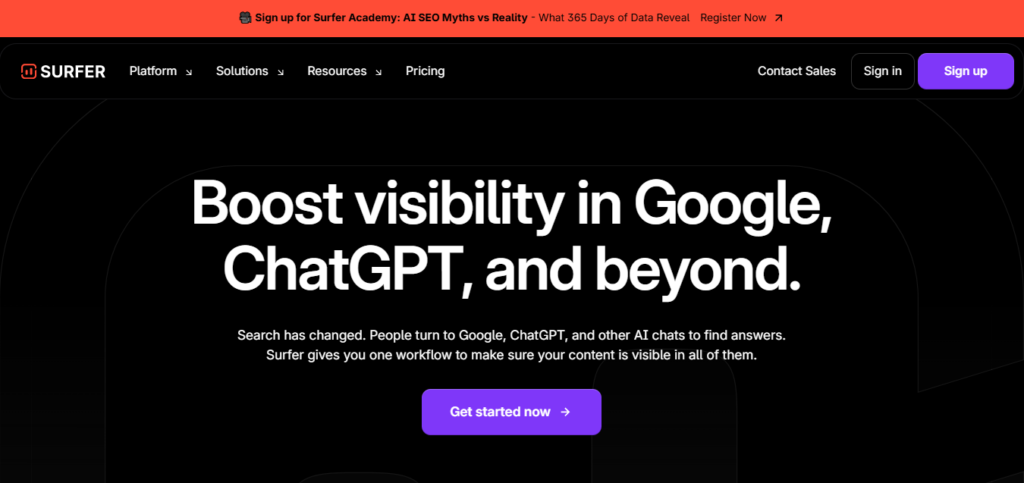 Surfer seo website home page screenshot