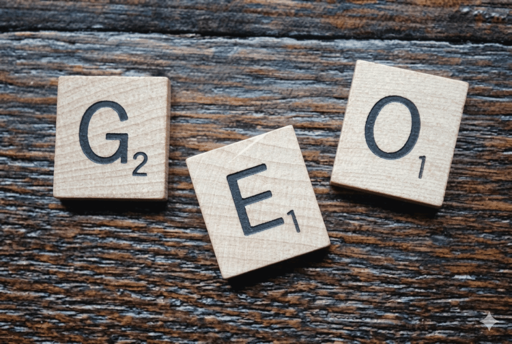 How to improve brand visibility in ai search engines (2026 guide) 2 "top-down view of three wooden scrabble tiles on a dark rustic wood surface spelling the word geo, representing generative engine optimization. "