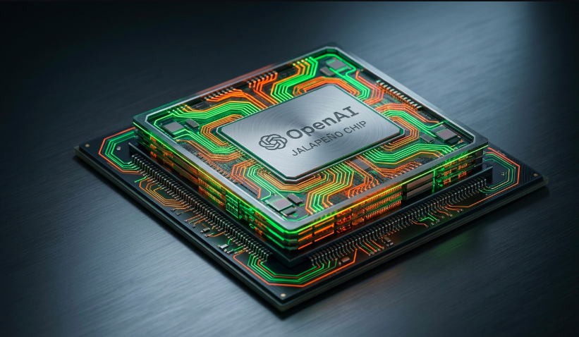 Openai jalapeño chip architecture blueprint showing advanced 3d semiconductor design and ai neural network processing cores.