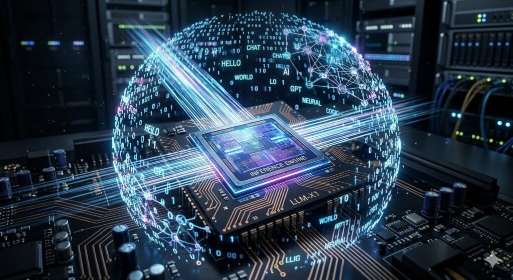 3d concept illustration of a specialized ai inference microchip processing large language model neural network data.