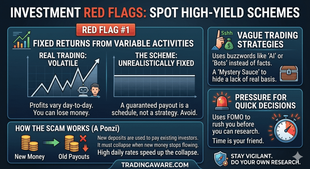 An infographic detailing four investment scheme red flags, including fake guaranteed returns and ponzi scam mechanics.