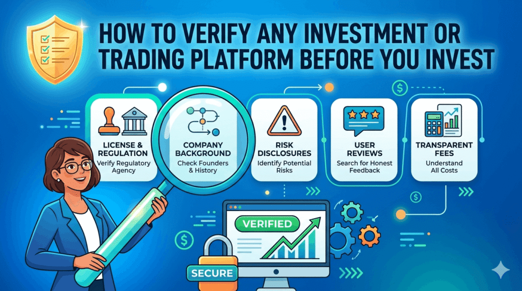 Infographic guide to verifying trading platforms: check regulation, background, risk disclosures, user reviews, and transparent fees.